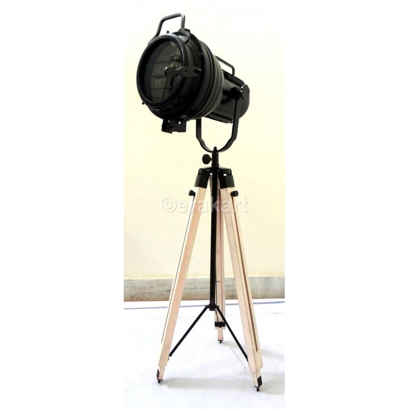 Vintage Industrial Spotlight On Wooden Tripod