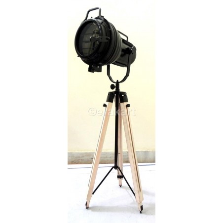 Vintage Industrial Spotlight On Wooden Tripod