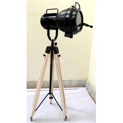 Vintage Industrial Spotlight On Wooden Tripod