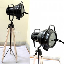 Vintage Industrial Spotlight On Wooden Tripod