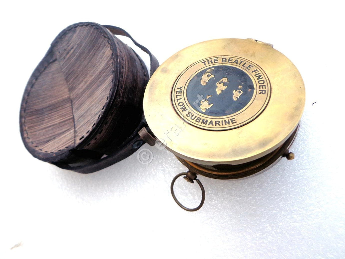 Antique Brass beatles Compass W Leather Case - view 4