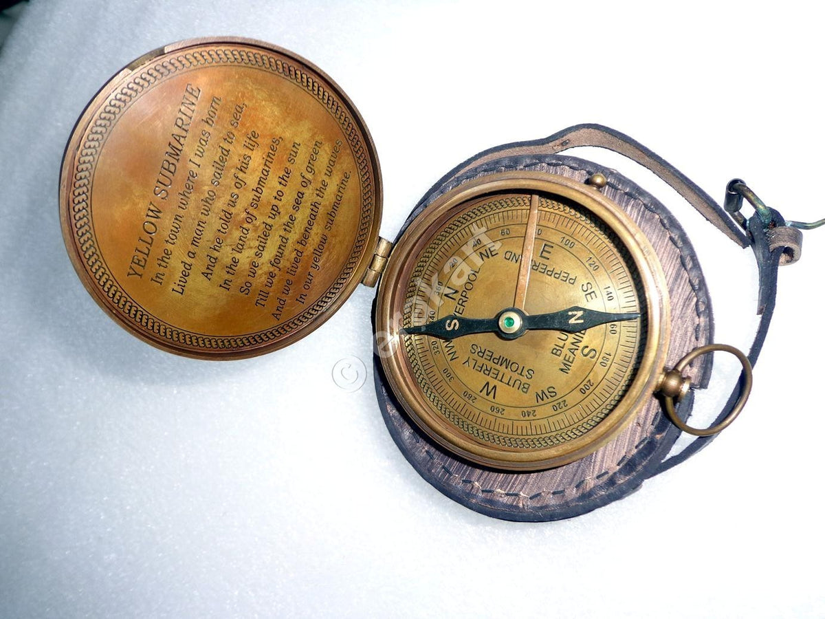 Antique Brass beatles Compass W Leather Case - view 3