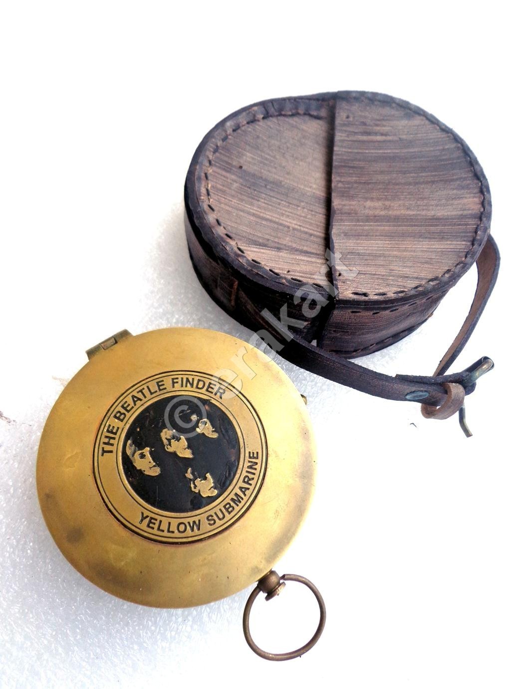 Antique Brass beatles Compass W Leather Case