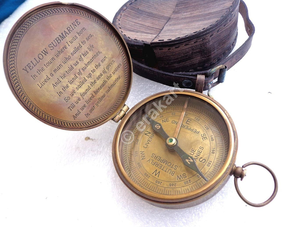 Antique Brass beatles Compass W Leather Case - view 2