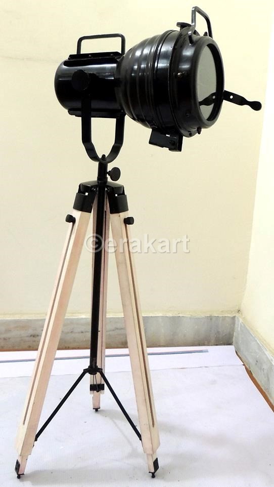 Vintage Industrial Spotlight On Wooden Tripod Floor Lamp - view 2