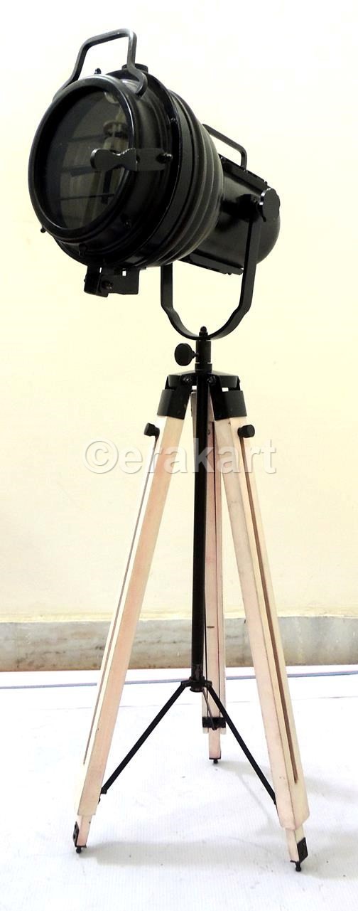 Vintage Industrial Spotlight On Wooden Tripod Floor Lamp