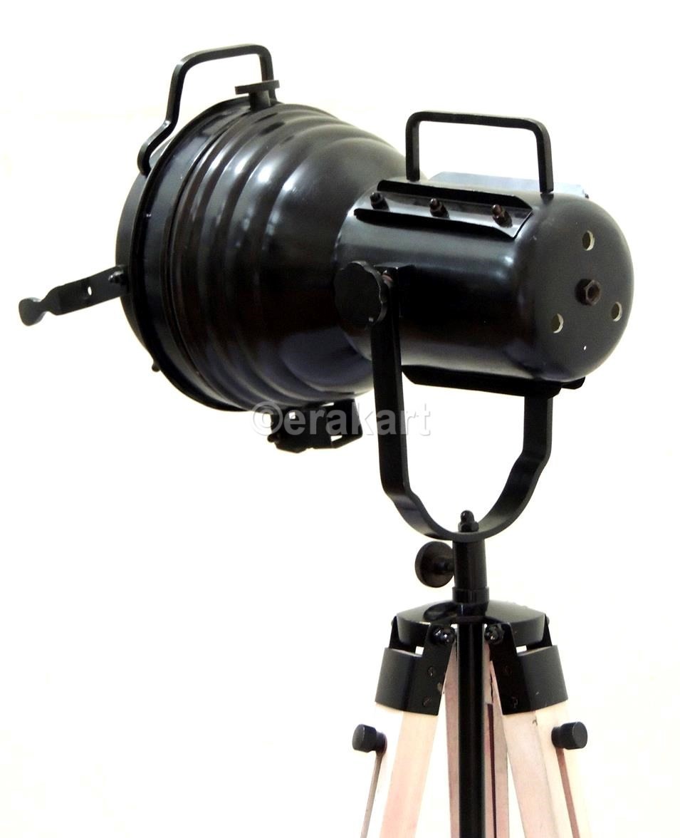 Vintage Industrial Spotlight On Wooden Tripod Floor Lamp - view 5
