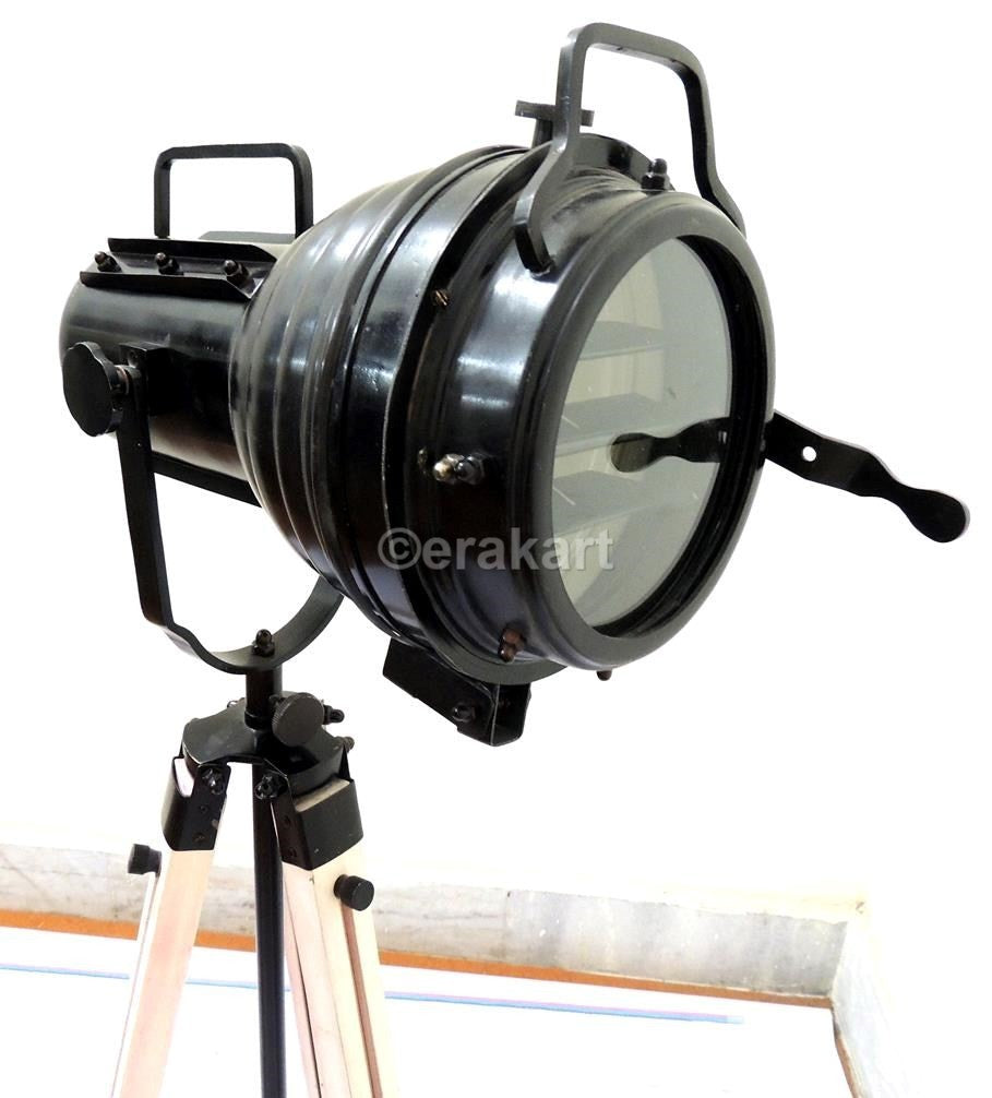 Vintage Industrial Spotlight On Wooden Tripod Floor Lamp - view 3